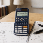 Calculadora científica sobre uma mesa de estudos com anotações de matemática e física.