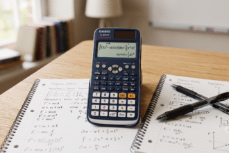 Calculadora científica sobre uma mesa de estudos com anotações de matemática e física.
