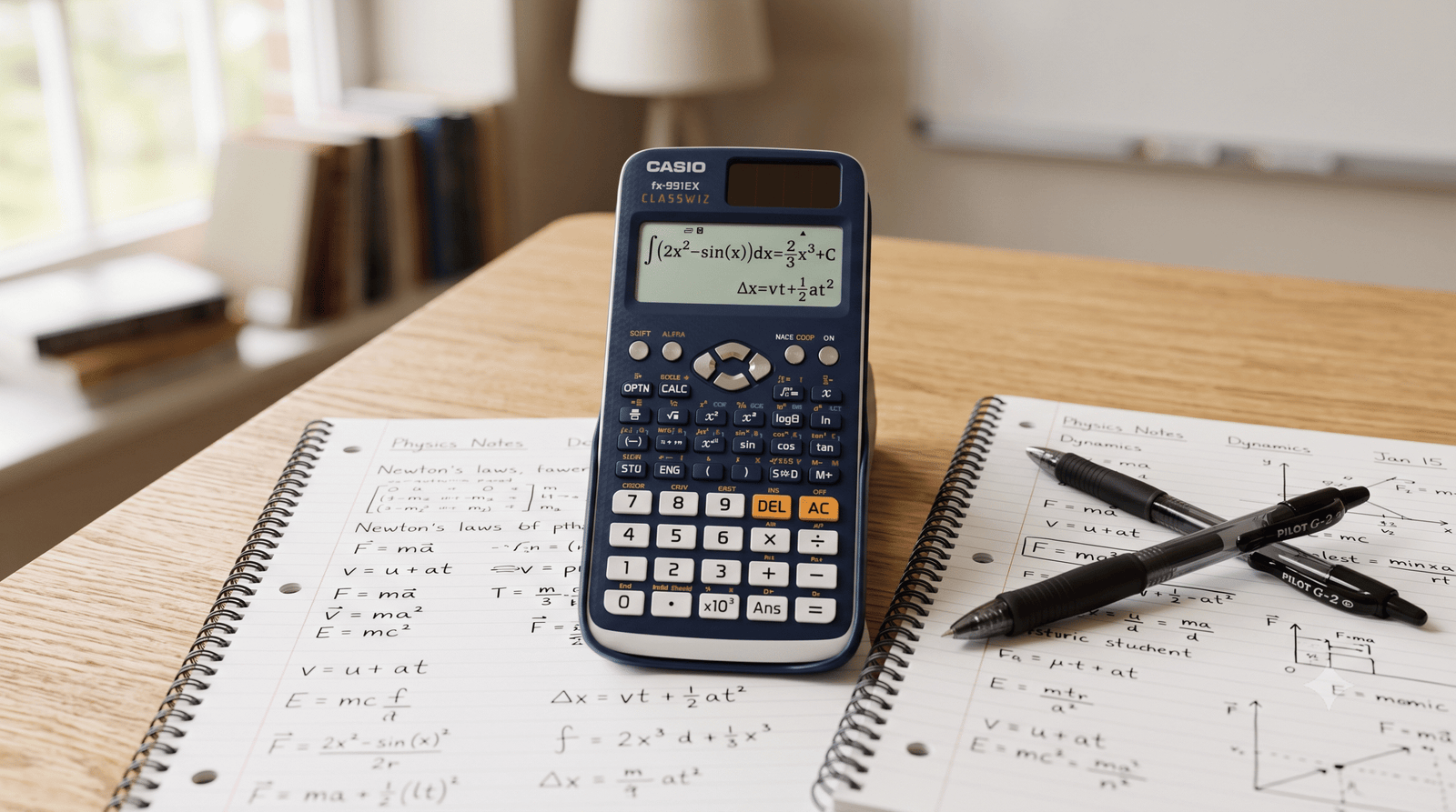 Calculadora científica sobre uma mesa de estudos com anotações de matemática e física.
