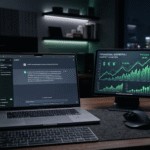 Jovem empreendedor sorrindo focado enquanto usa um notebook moderno para gerar lucros utilizando inteligência artificial.