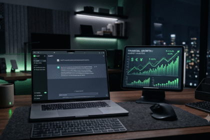 Jovem empreendedor sorrindo focado enquanto usa um notebook moderno para gerar lucros utilizando inteligência artificial.