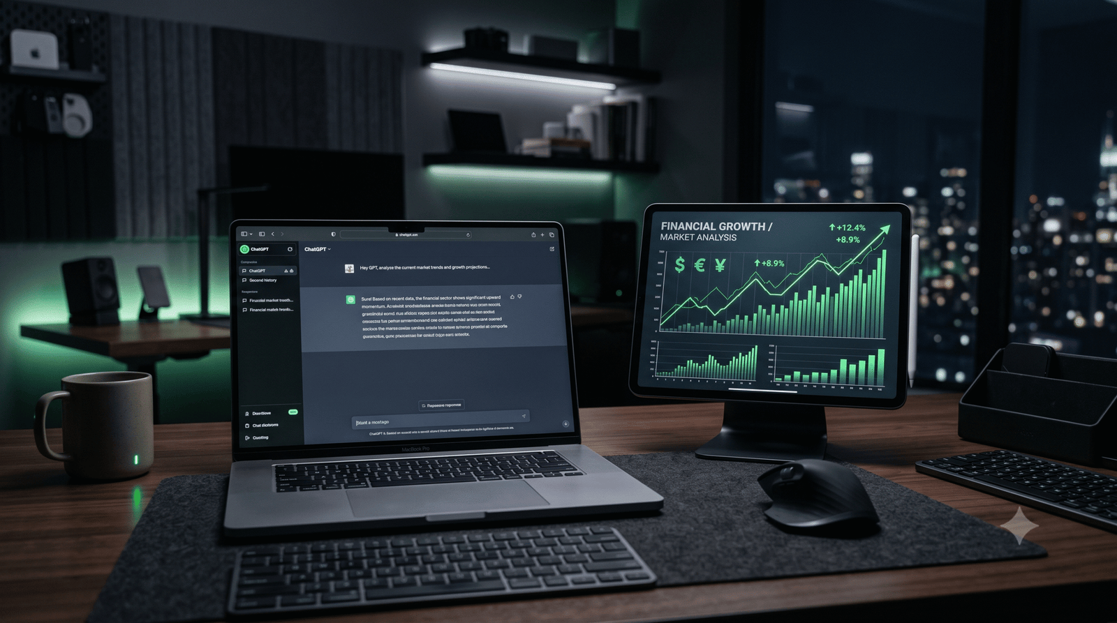 Jovem empreendedor sorrindo focado enquanto usa um notebook moderno para gerar lucros utilizando inteligência artificial.
