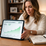 Pessoa analisando gráficos de crescimento financeiro e patrimônio em um tablet com calculadora sobre a mesa.