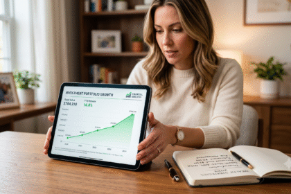 Pessoa analisando gráficos de crescimento financeiro e patrimônio em um tablet com calculadora sobre a mesa.