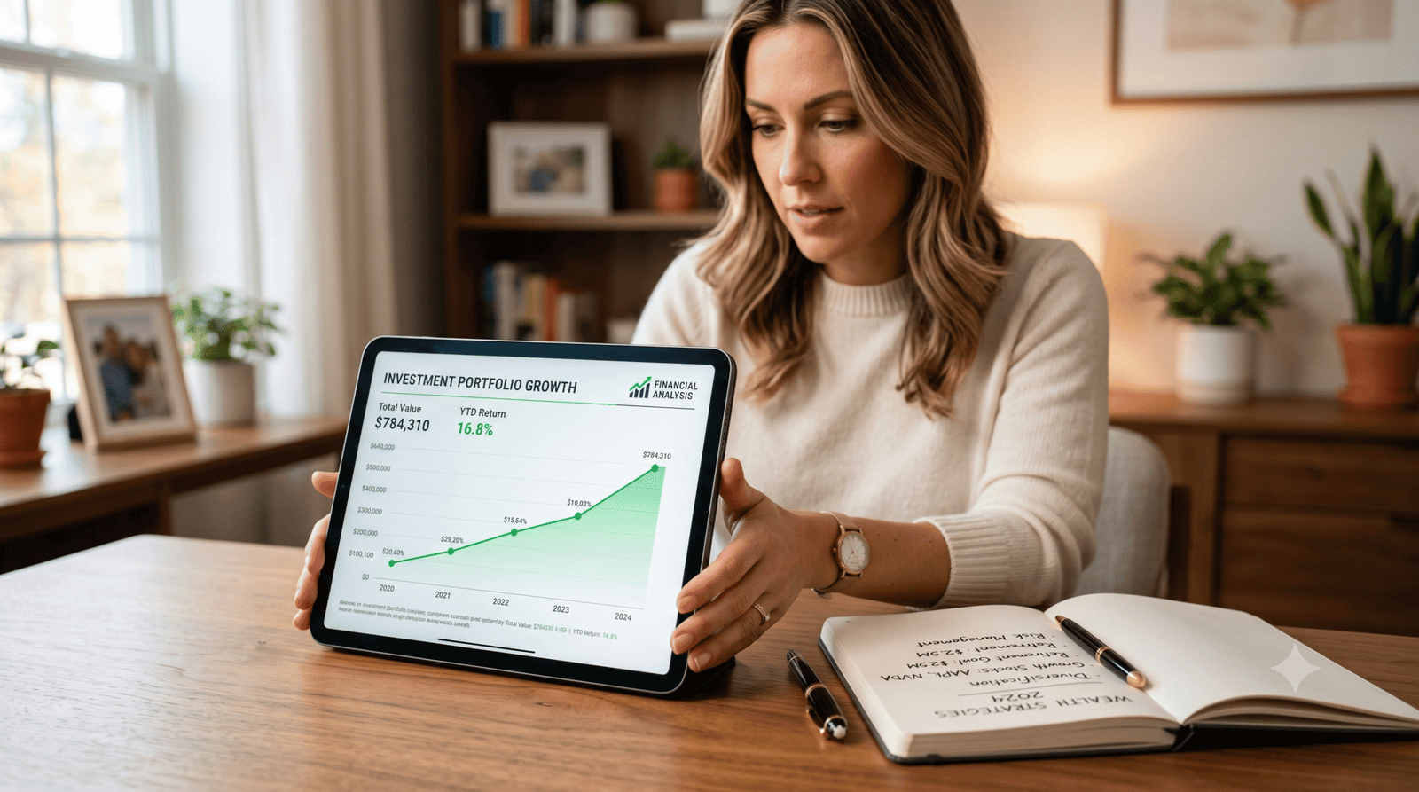 Pessoa analisando gráficos de crescimento financeiro e patrimônio em um tablet com calculadora sobre a mesa.