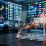 Gráficos financeiros e moedas sobrepostos indicando que a inflação persistente pode exigir mais aperto monetário globalmente.