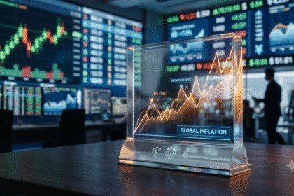 Gráficos financeiros e moedas sobrepostos indicando que a inflação persistente pode exigir mais aperto monetário globalmente.