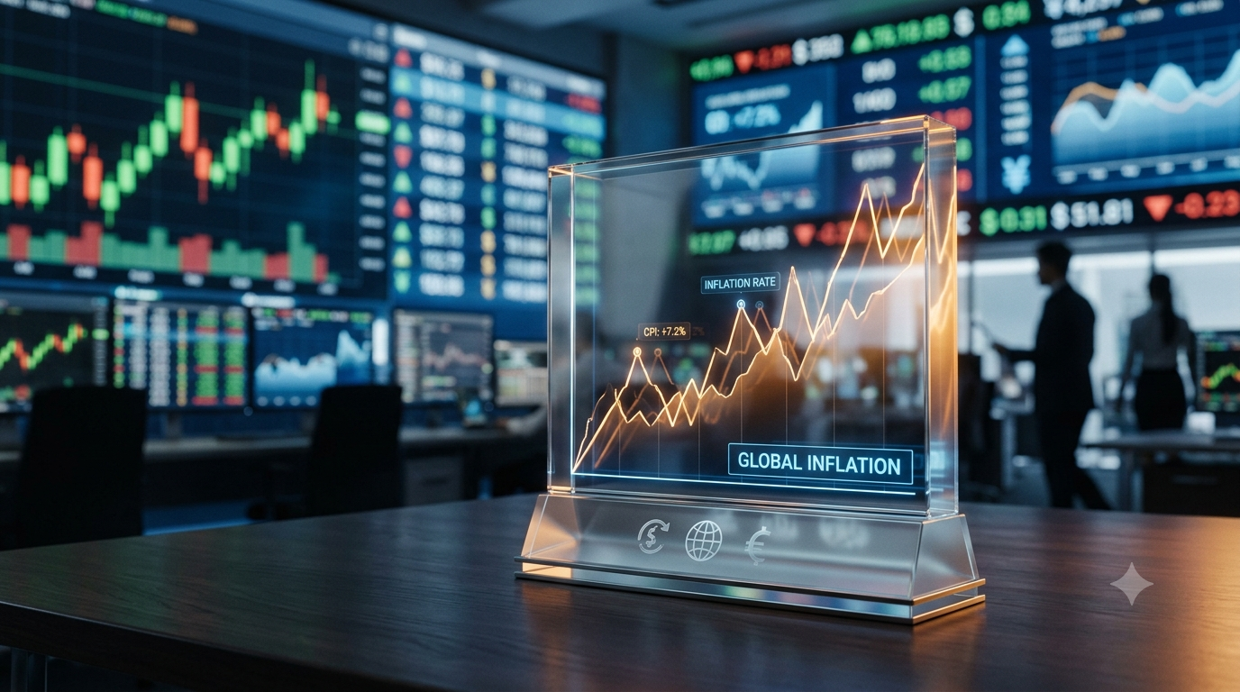 Gráficos financeiros e moedas sobrepostos indicando que a inflação persistente pode exigir mais aperto monetário globalmente.