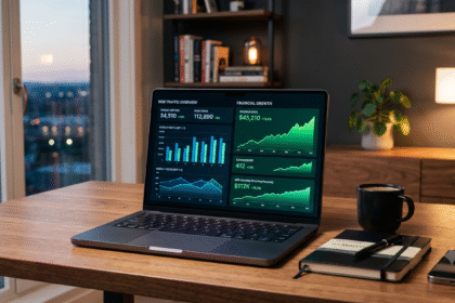 Relatório do Google AdSense aberto na tela do computador com métricas de receita e gráficos de tráfego.