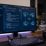 Desenvolvedor programando em um monitor enquanto analisa o código SQL gerado pelo Google AI Studio.