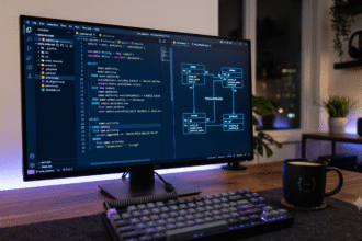 Desenvolvedor programando em um monitor enquanto analisa o código SQL gerado pelo Google AI Studio.