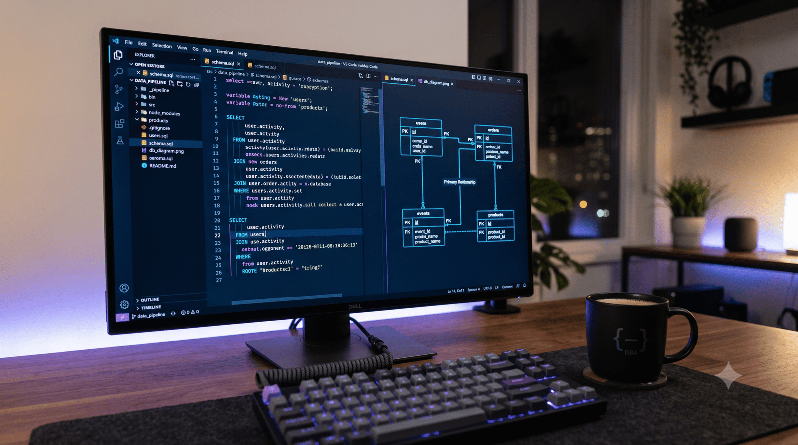 Desenvolvedor programando em um monitor enquanto analisa o código SQL gerado pelo Google AI Studio.
