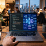 Dashboard de desenvolvimento de inteligência artificial com gráficos de receita e código no monitor.
