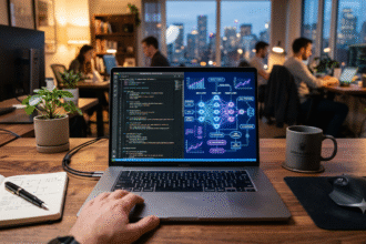 Dashboard de desenvolvimento de inteligência artificial com gráficos de receita e código no monitor.