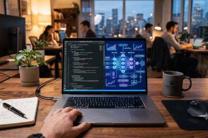 Dashboard de desenvolvimento de inteligência artificial com gráficos de receita e código no monitor.