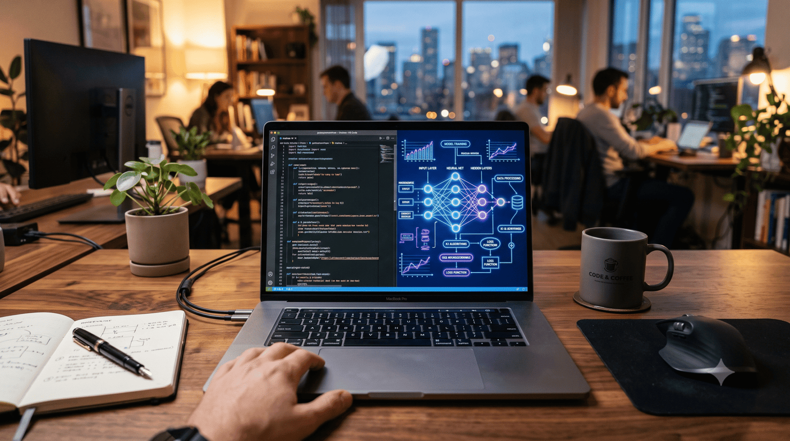 Dashboard de desenvolvimento de inteligência artificial com gráficos de receita e código no monitor.