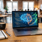 Profissional trabalhando em um notebook moderno com gráficos de renda e redes neurais visuais no monitor.