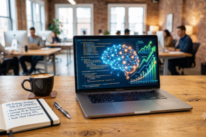 Profissional trabalhando em um notebook moderno com gráficos de renda e redes neurais visuais no monitor.