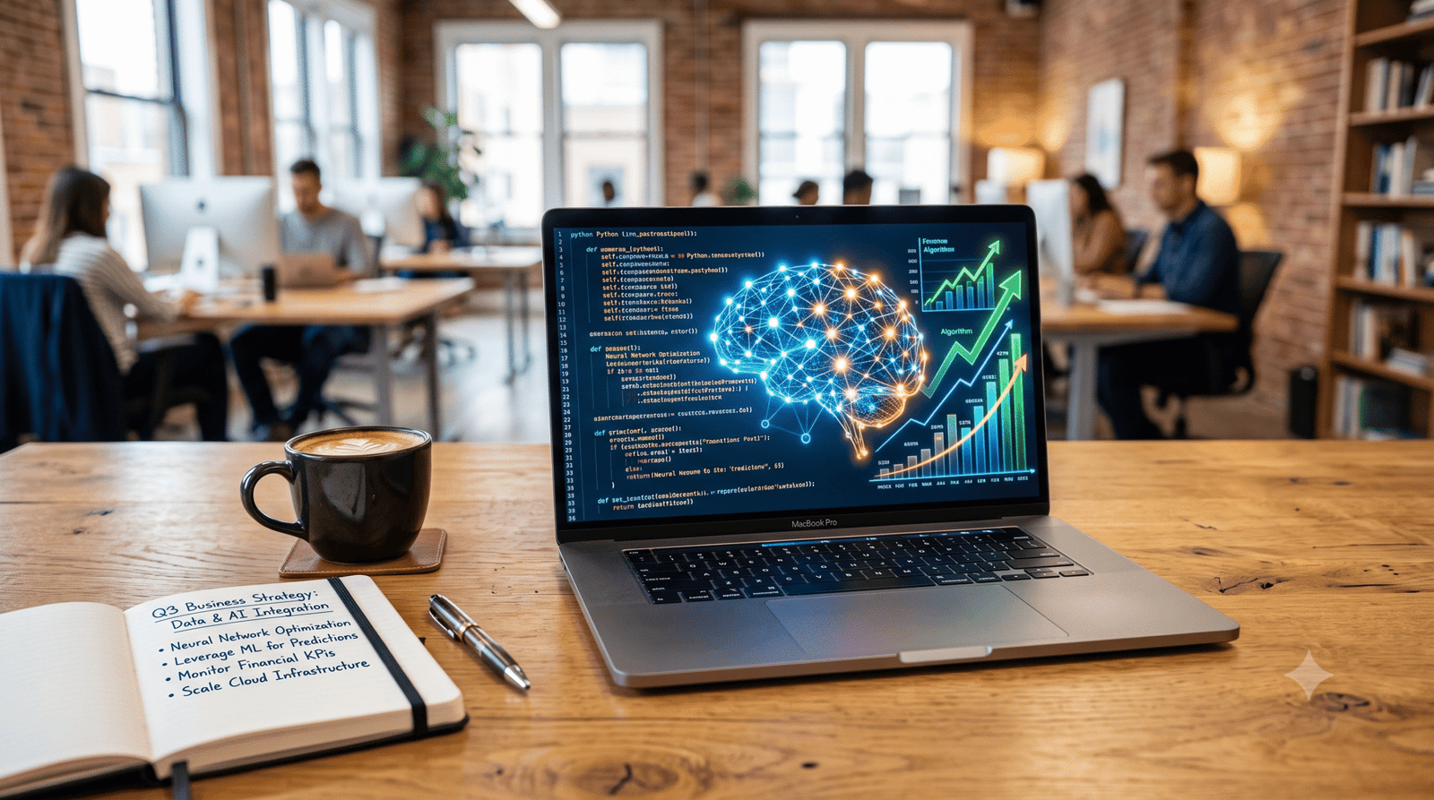 Profissional trabalhando em um notebook moderno com gráficos de renda e redes neurais visuais no monitor.