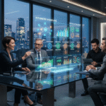 Executivos em sala de reunião analisando métricas operacionais automatizadas por agentes de inteligência artificial.