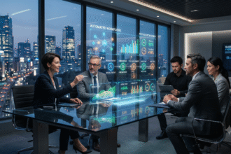 Executivos em sala de reunião analisando métricas operacionais automatizadas por agentes de inteligência artificial.