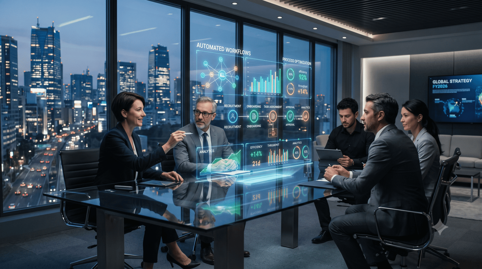 Executivos em sala de reunião analisando métricas operacionais automatizadas por agentes de inteligência artificial.