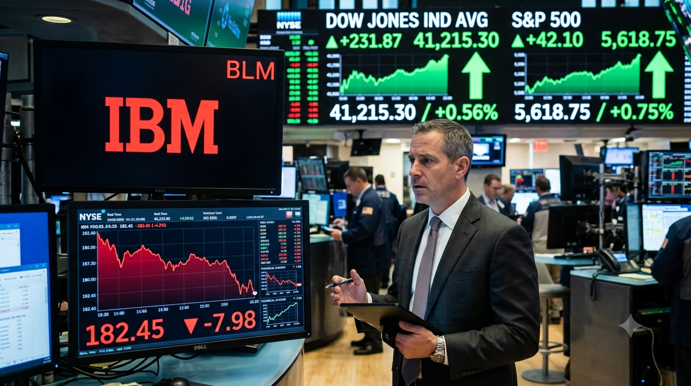 Telas digitais de negociação de ações em Nova York mostrando variações mistas após divulgação do CPI, com as bolsas de NY fecham em alta e queda brusca na cotação da IBM.