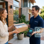 Entregador de encomendas entregando caixa de produto físico com maquininha de cartão para cliente na porta de casa.