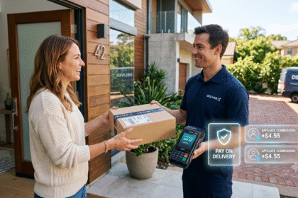 Entregador de encomendas entregando caixa de produto físico com maquininha de cartão para cliente na porta de casa.