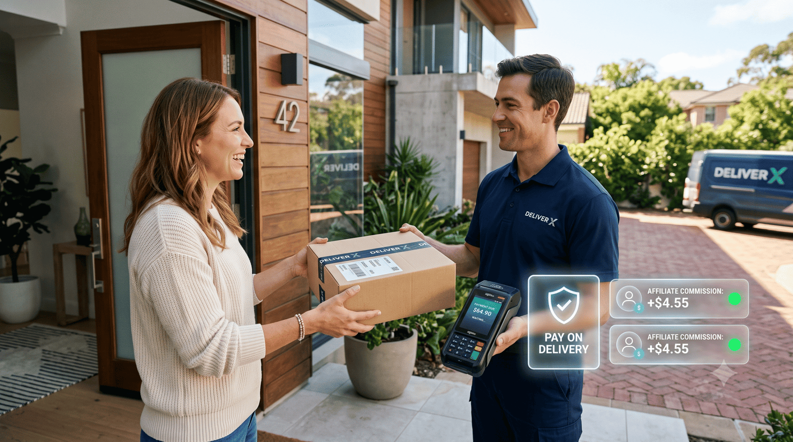 Entregador de encomendas entregando caixa de produto físico com maquininha de cartão para cliente na porta de casa.