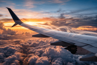 Asas de um avião comercial cortando o ar acima das nuvens durante o pôr do sol.