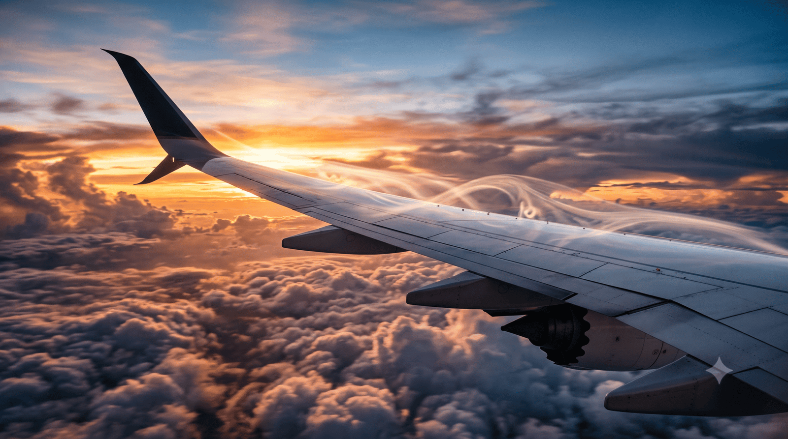Asas de um avião comercial cortando o ar acima das nuvens durante o pôr do sol.