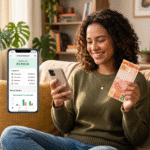 Pessoa sorridente segurando uma nota de 20 reais e usando o celular para investir.