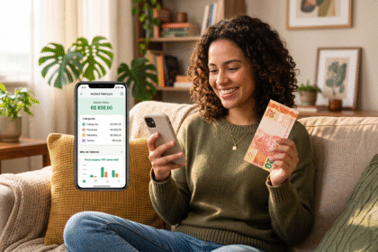 Pessoa sorridente segurando uma nota de 20 reais e usando o celular para investir.