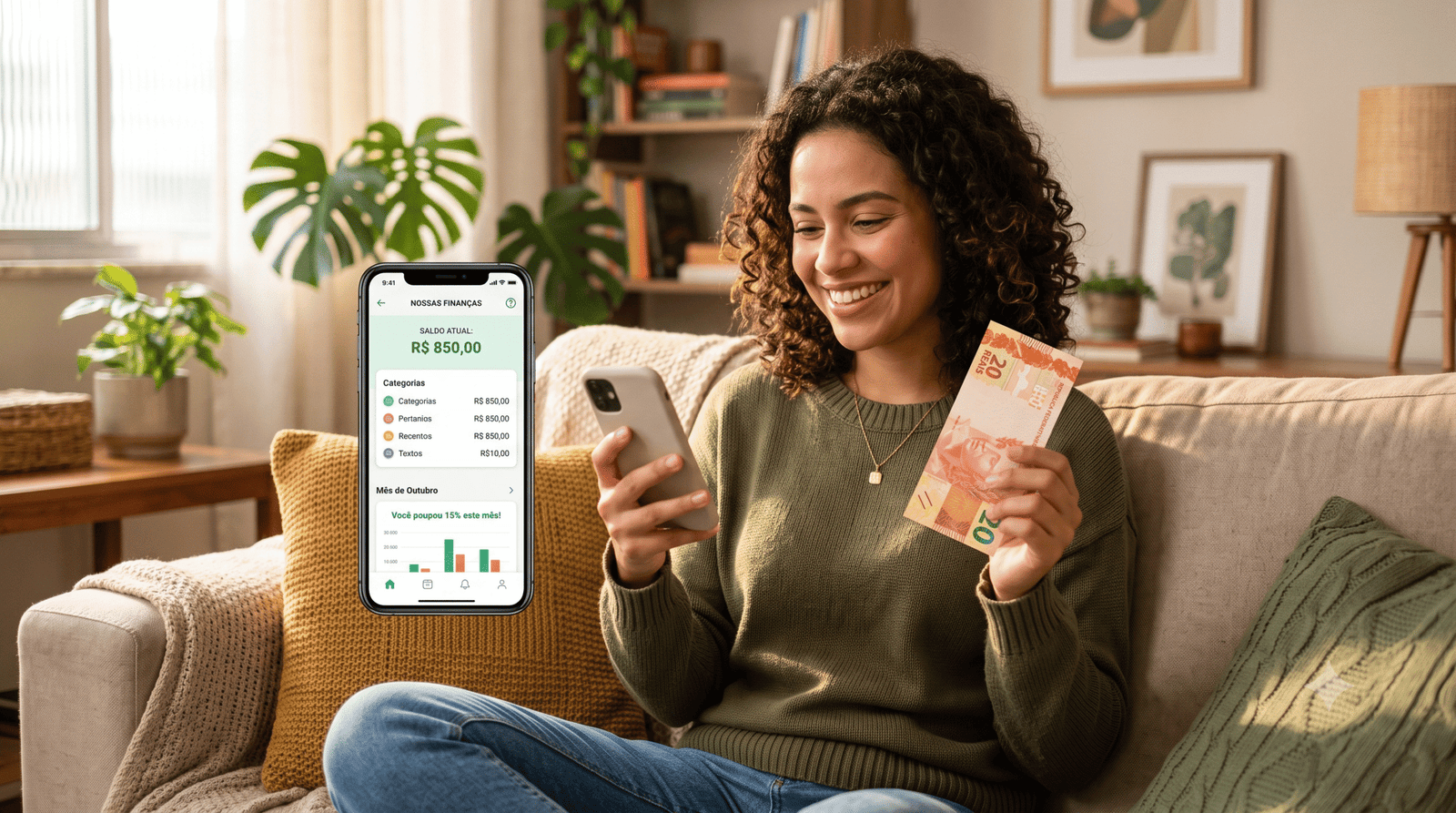 Pessoa sorridente segurando uma nota de 20 reais e usando o celular para investir.